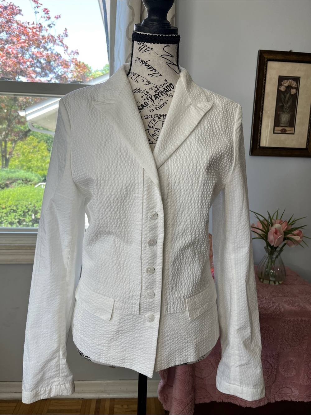 Vintage White Euro Summer Textured Timeless Staple Blazer Women's Sz:44